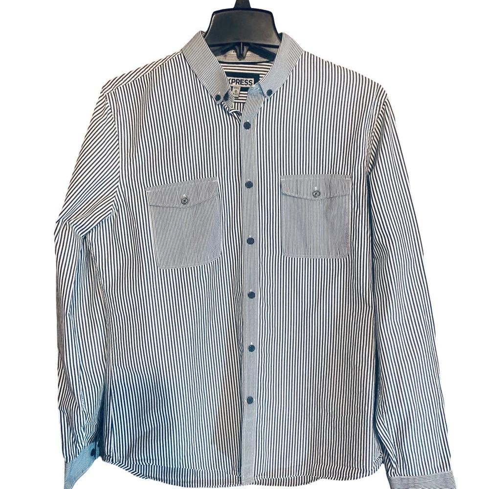 Express Striped Button-Up Shirt - Black and White